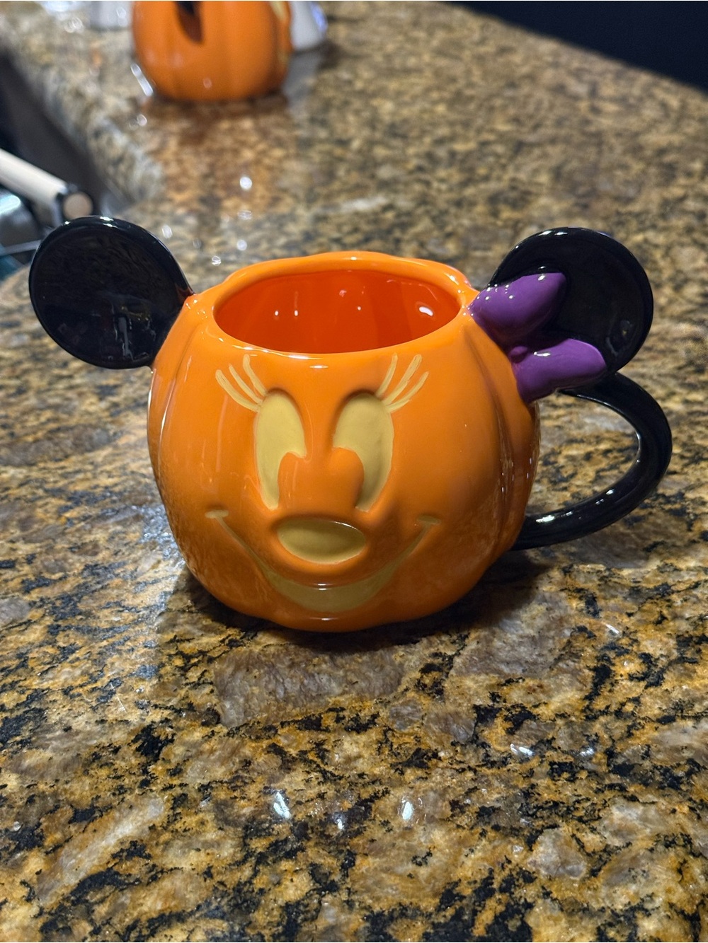 New! Disney Orange Pumpkin Minnie Ceramic Mug with Black Ears and Purple Bow